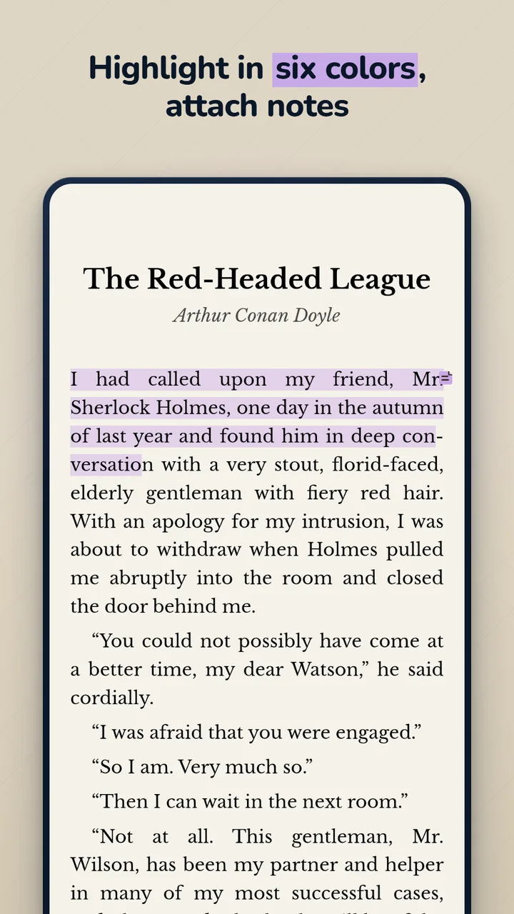 Highlight in six colors, attach notes — a passage highlighted in purple over a page of Sherlock Holmes
