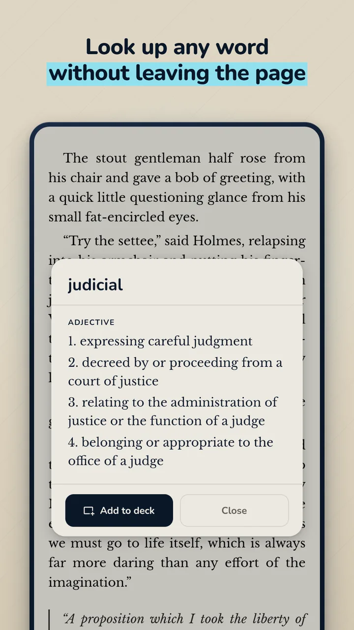 Look up any word without leaving the page — the built-in dictionary defining a word over the text