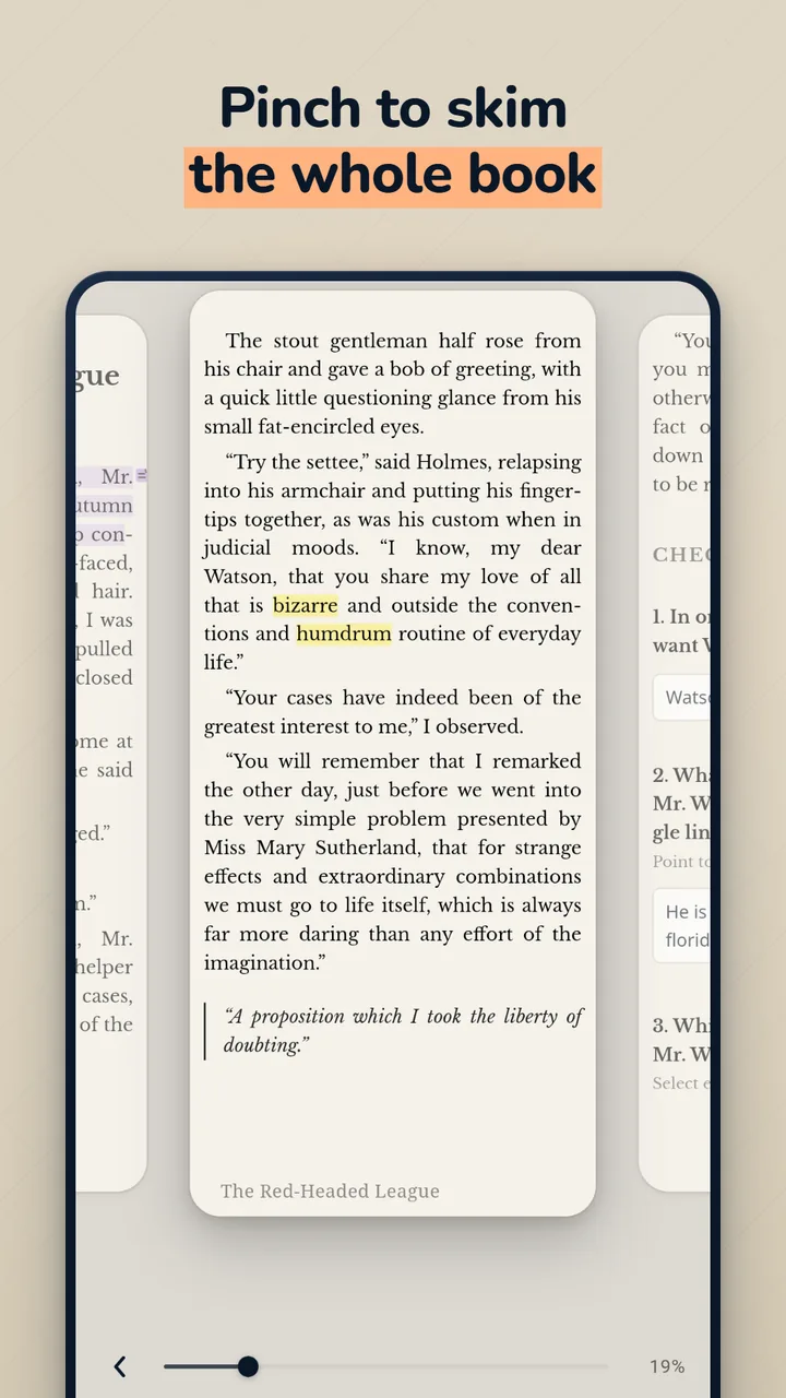 Pinch to skim the whole book — the pinch-to-zoom page overview showing a run of pages at once