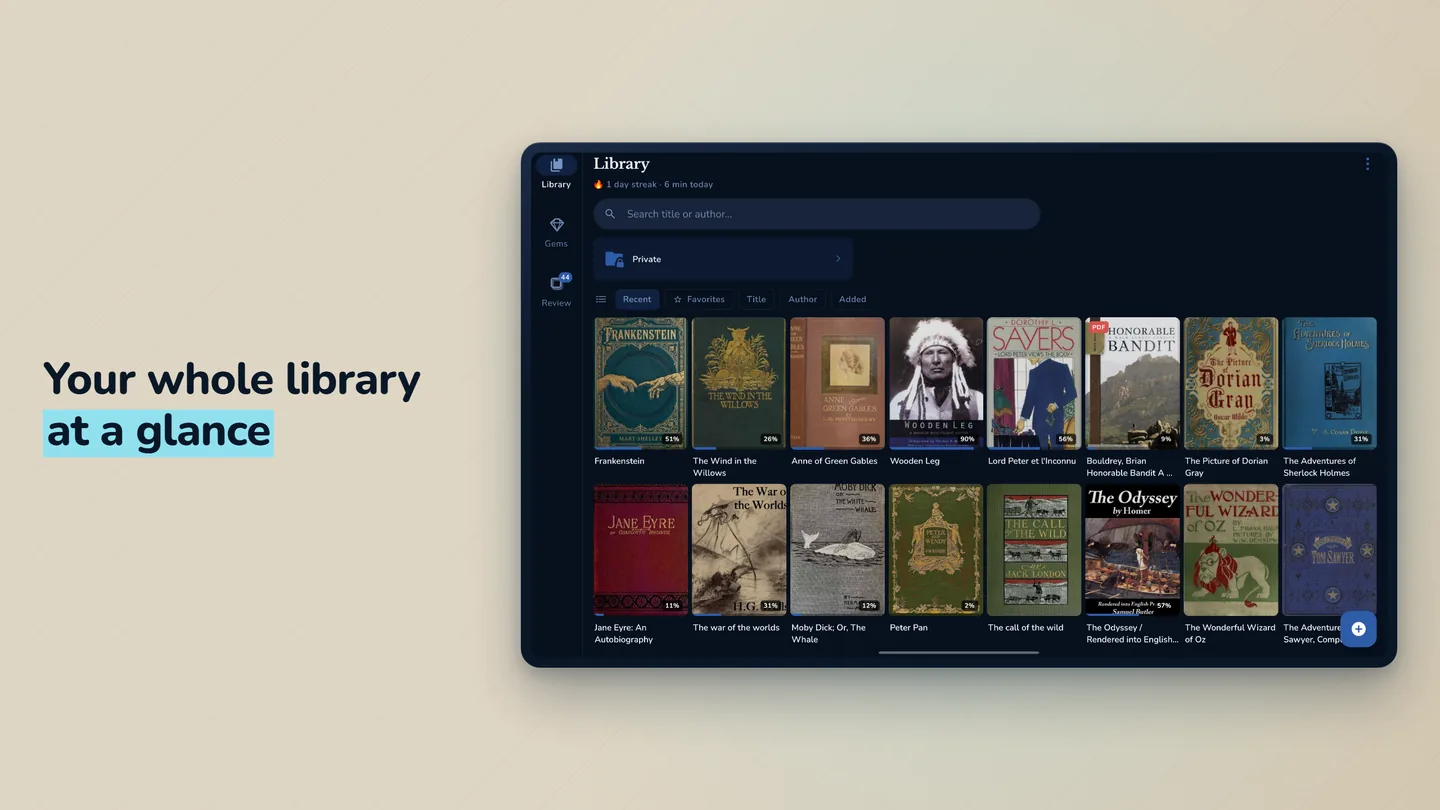 Your whole library at a glance — the tablet library grid with a full shelf of covers