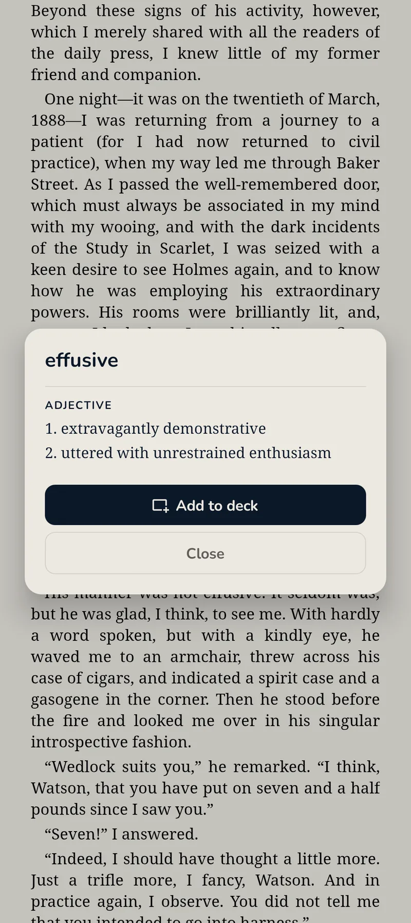 GemReader dictionary popup defining the word effusive, with an Add to deck button