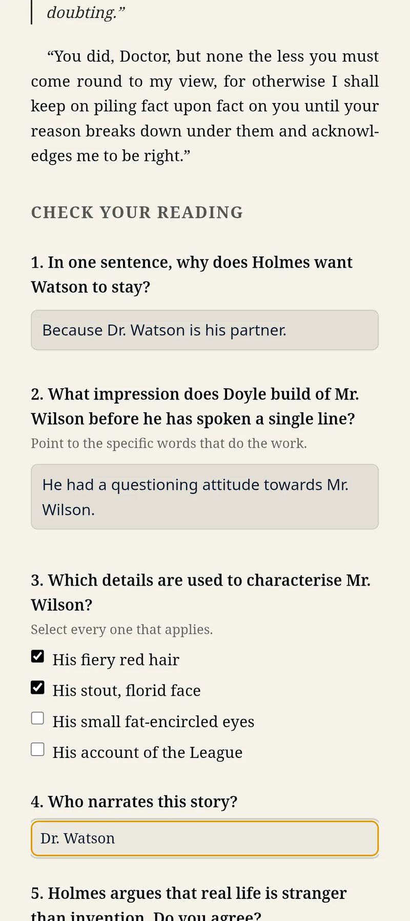 An interactive workbook in GemReader with typed answers, checkboxes and a focused text field
