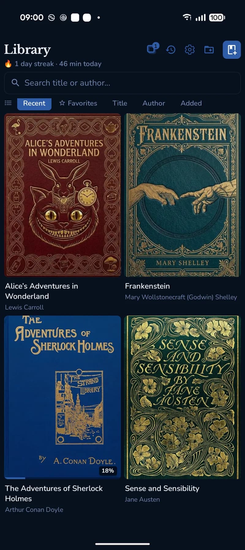 The GemReader library in dark mode, showing book covers, reading progress and a daily streak
