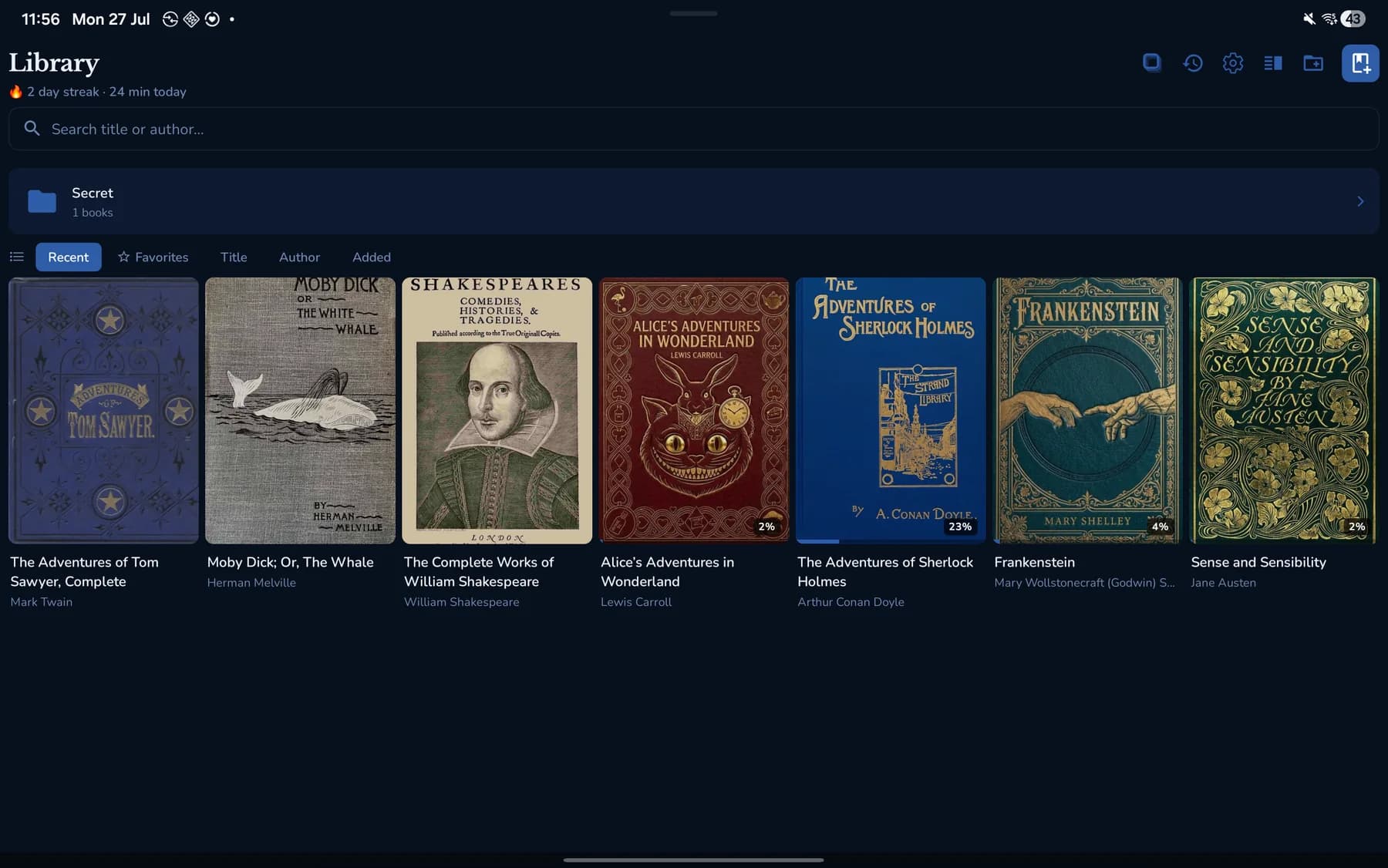 The GemReader library on a tablet in dark mode, showing book covers, reading streak and a locked Secret folder