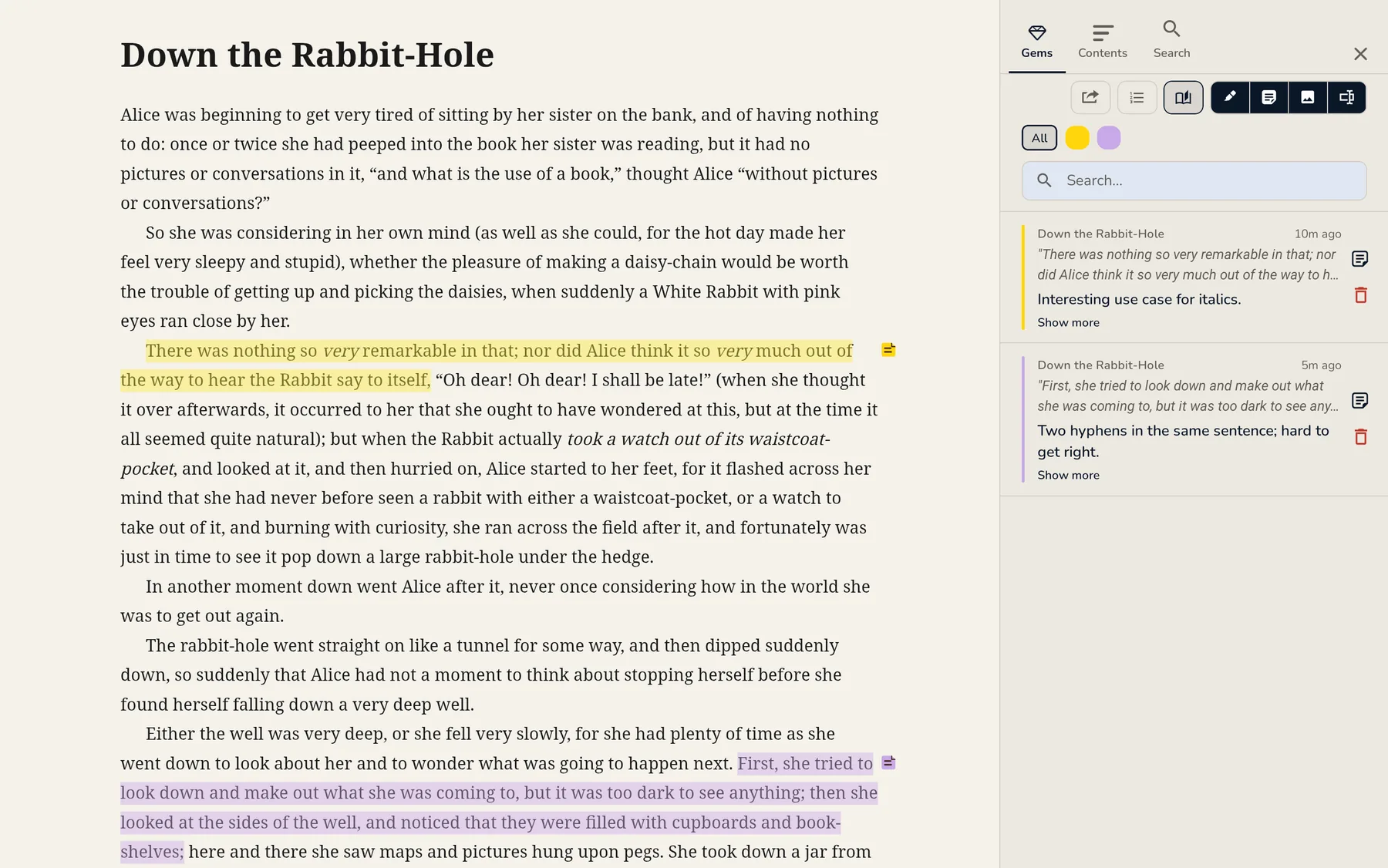 GemReader on a tablet with the Gems panel open beside the page, listing highlights and notes
