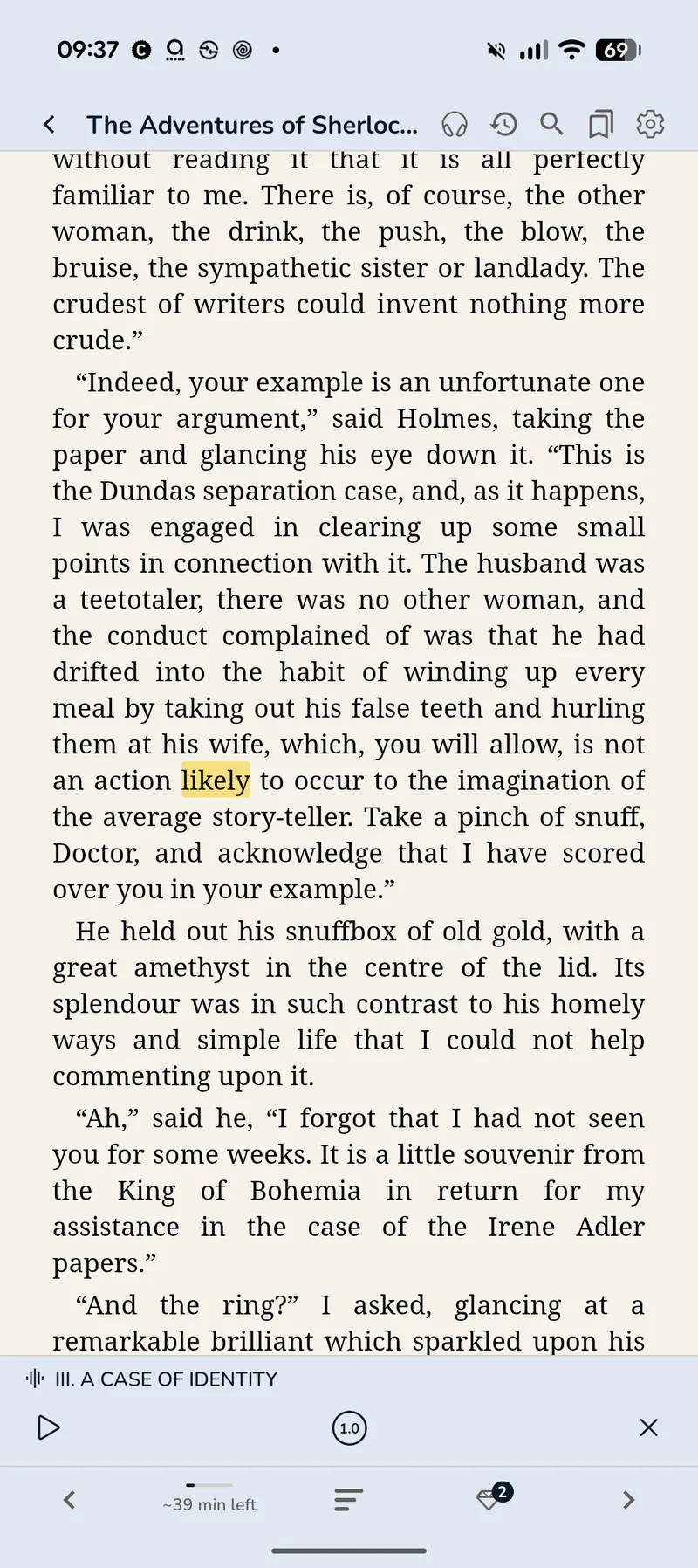 GemReader reading a chapter aloud, with the playback bar showing speed and time remaining